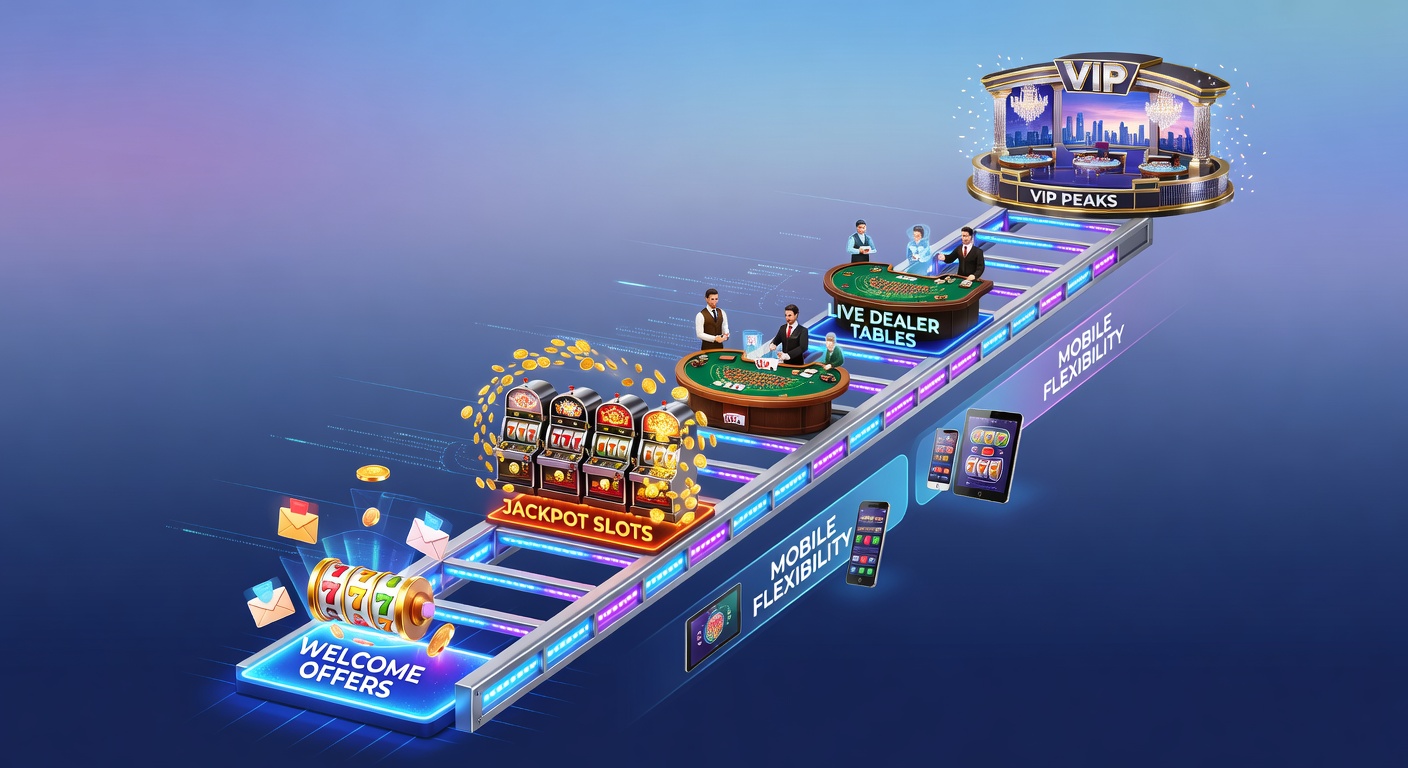 Spieler steigt eine leuchtende Bonus-Leiter empor, umgeben von Slots, Live-Tischen und mobilen Geräten