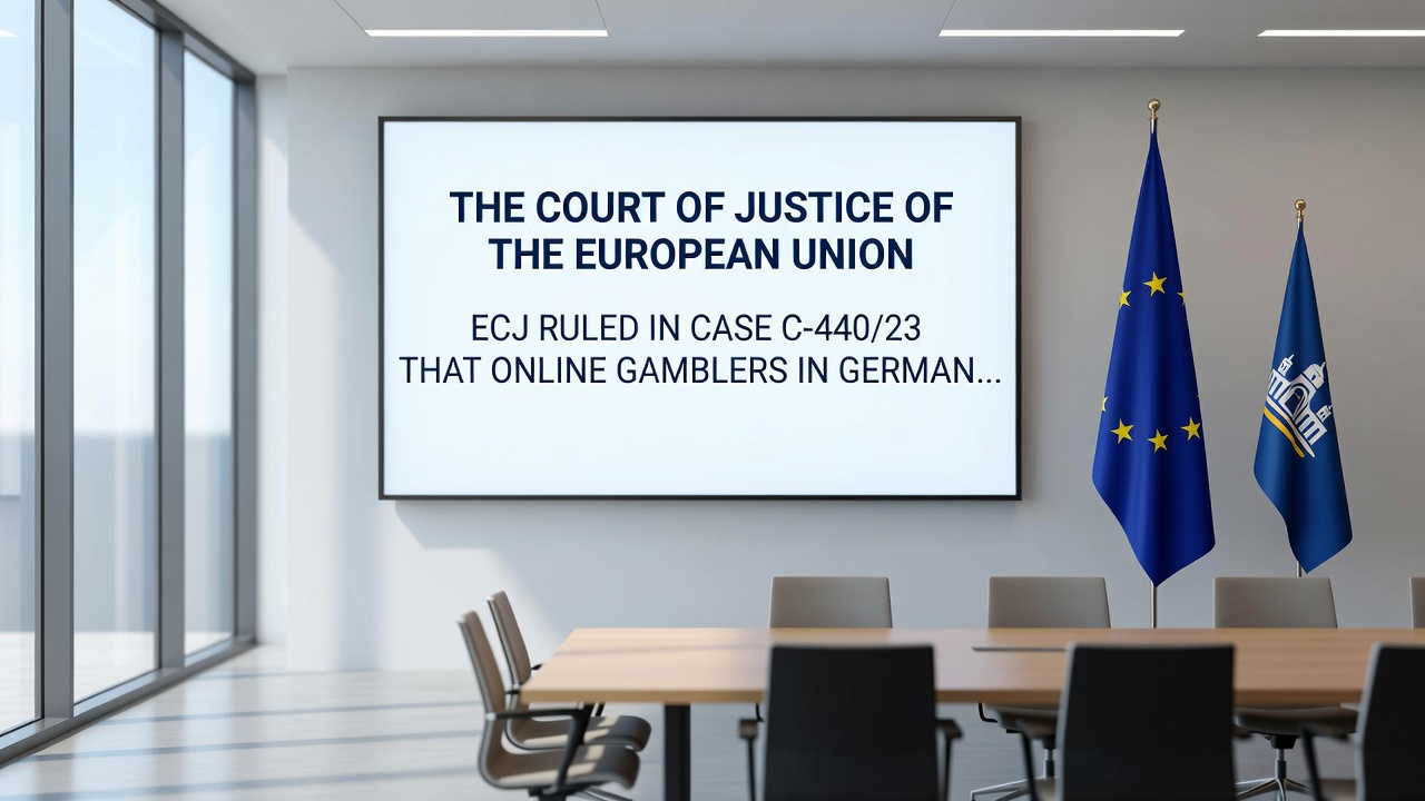 Gerichtssaal-Szene mit Richterhammer und Dokumenten, illustriert die juristische Auseinandersetzung um Online-Glücksspiel-Verträge in Europa