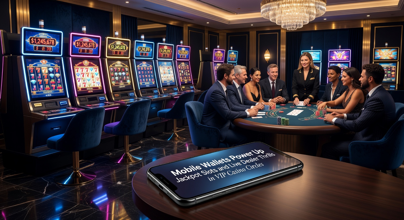 Smartphone mit geöffneter Mobile Wallet App neben einem Jackpot-Slot-Symbol und Live-Dealer-Tisch auf einem VIP-Casino-Hintergrund