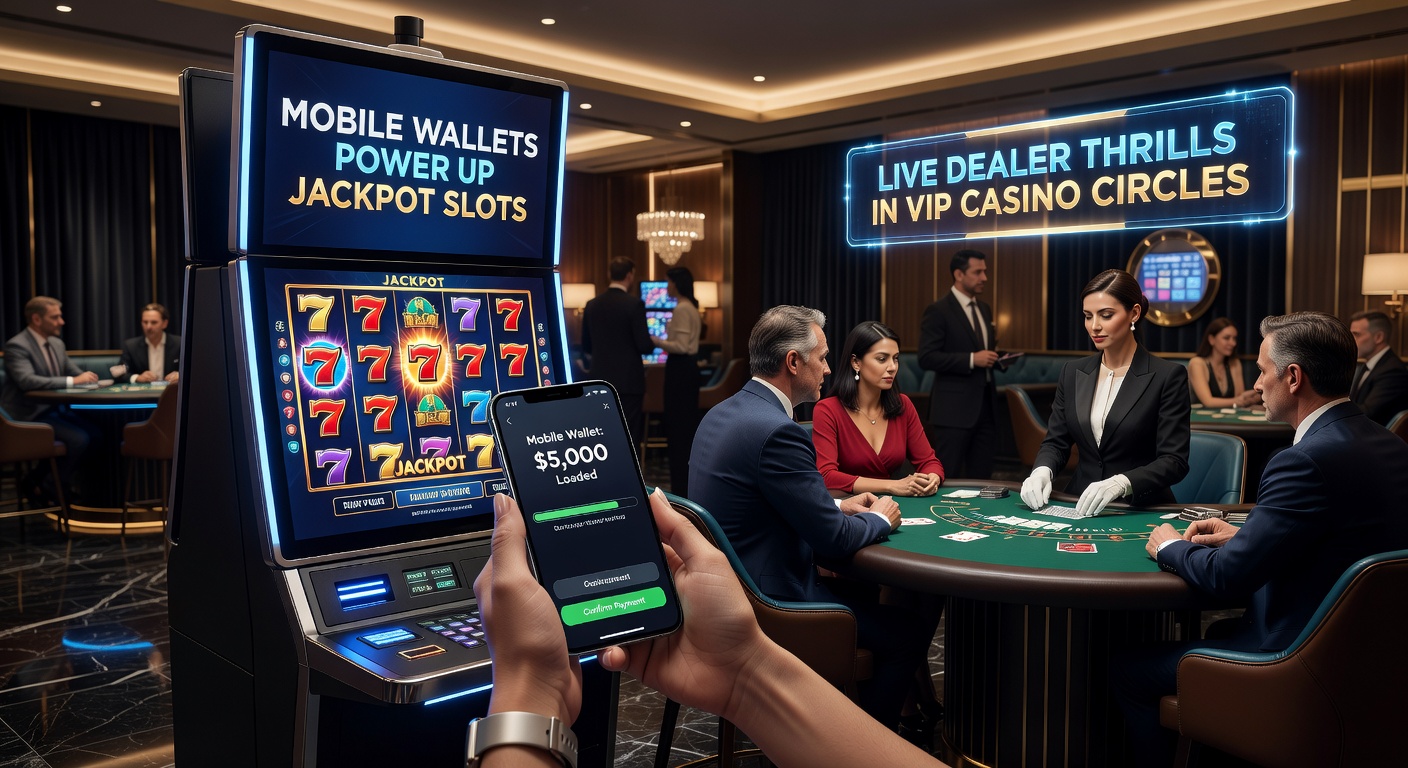 Live-Dealer-Tisch mit Roulette-Rad, wo ein VIP-Spieler per Mobile Wallet wettet, umgeben von Jackpot-Symbolen und Wallet-Icons
